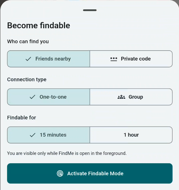 Routevous Findable Mode options for friends, a private code, or a group.