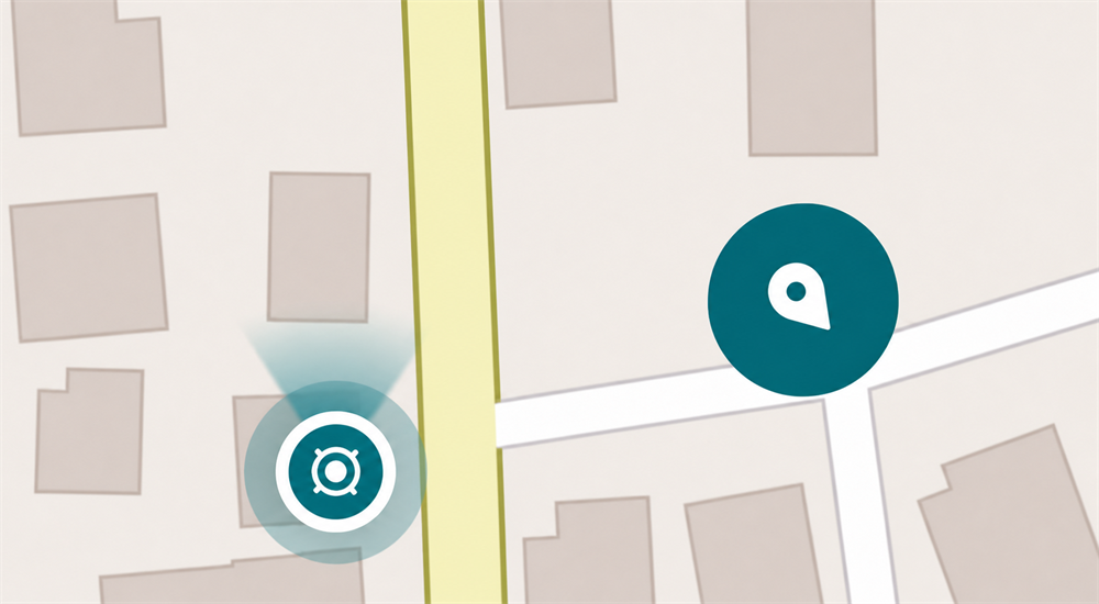 Routevous map showing a current user and a custom meeting point.