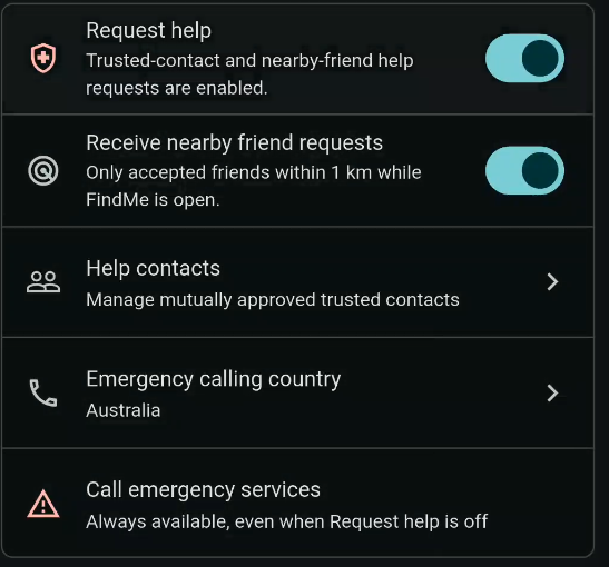 Routevous Request help settings with trusted contacts and emergency calling.
